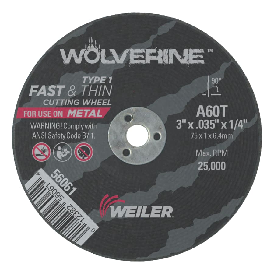 Weiler 56061 Wolverine Die Grinder Cut-Off Wheel, 3 in x 0.035 in, 1/4 in AH, 60 Grit