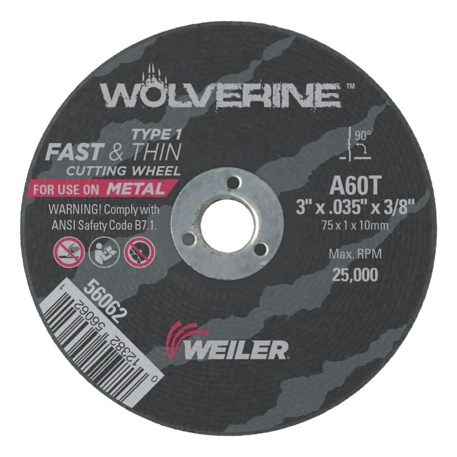 Weiler 56062 Wolverine® Die Grinder Cut-Off Wheel, Type 1, AO, 3 in dia x 3/8 in AH x 0.035 in Thick, 60T, 100 EA/PK