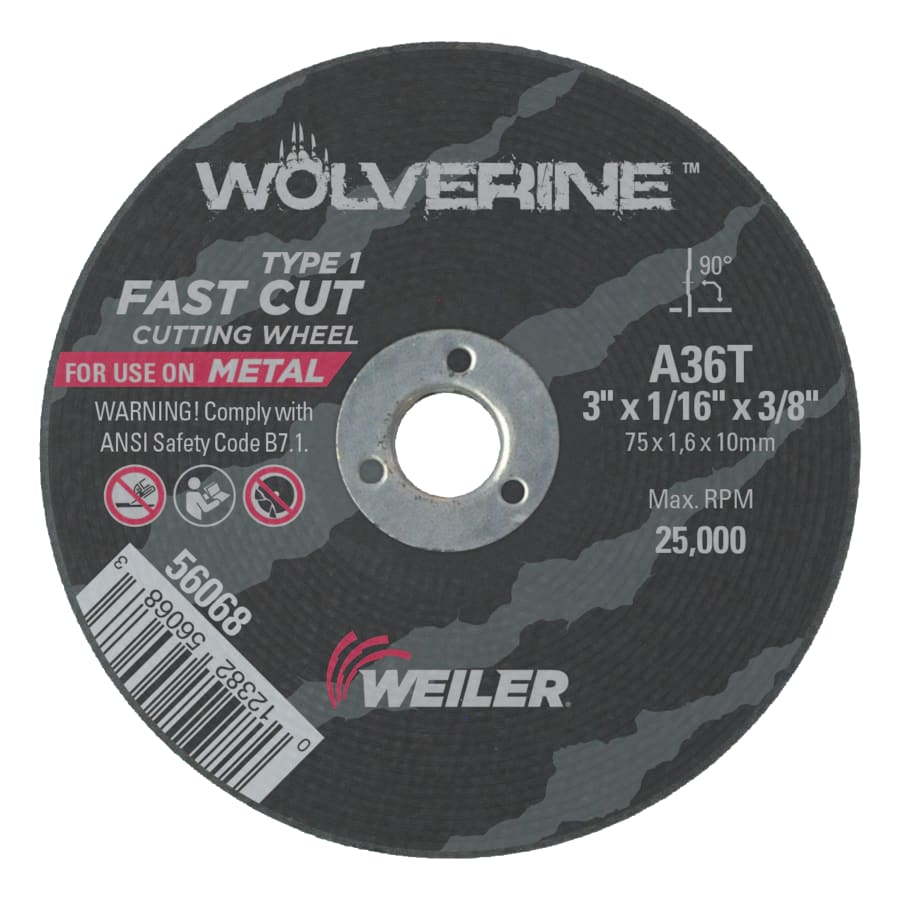 Weiler 56068 Wolverine Die Grinder Cut-Off Wheel, 3 in x 1/16 in, 3/8 in AH, 36 Grit