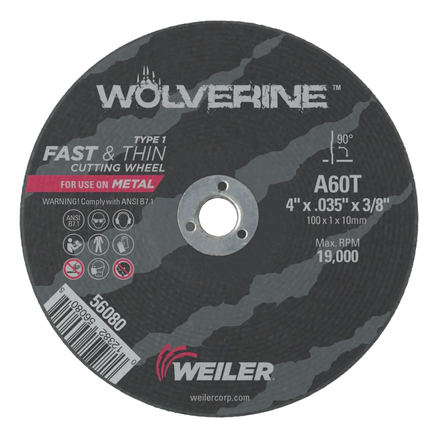 Weiler 56080 Wolverine® Die Grinder Cut-Off Wheel, Type 1, AO, 4 in dia x 3/8 in AH x 0.035 in Thick, 60T