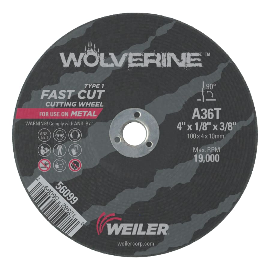 Weiler 56099 Wolverine® Die Grinder Cut-Off Wheel, Type 1, AO, 4 in dia x 3/8 in AH x 1/8 in Thick, 36T (Pack of 25 EA)