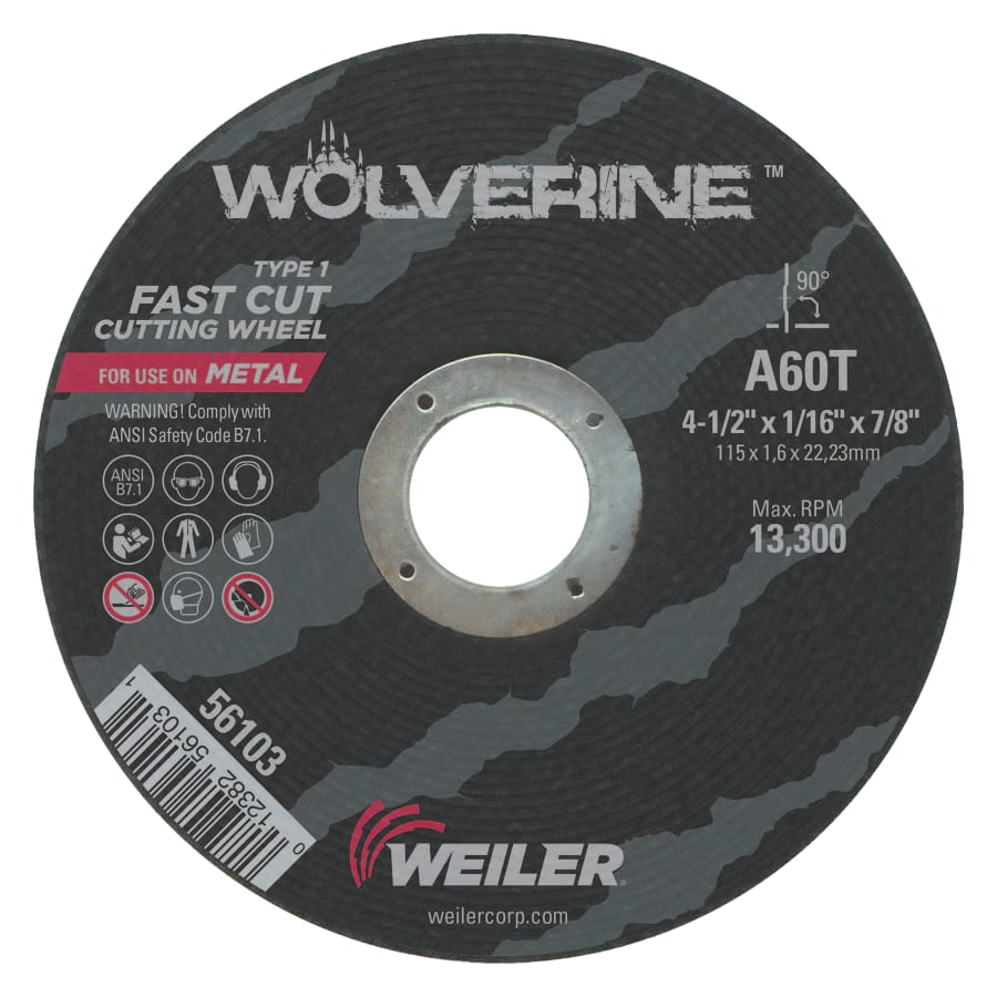 Weiler 56103 Wolverine Angle Grinder Cut-Off Wheel, 4-1/2 in x 1/16 in, 7/8 in Arbor, 60 Grit
