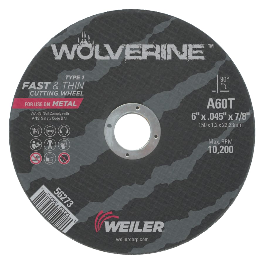 Weiler 56273 Wolverine® Angle Grinder Cut-Off Wheel, Type 1, AO, 6 in dia x 7/8 in AH x 0.045 in Thick, 60T, 1 EA/EA