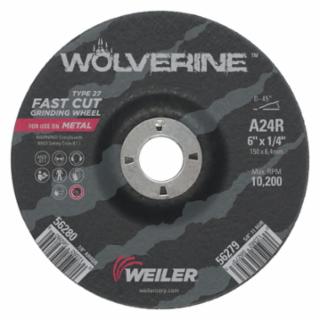 Weiler 56280 Wolverine® Grinding Wheel, A24R, 6 in dia, 1/4 in Thick, 7/8 in AH, 24 Grit, Type 27 (Pack of 10 EA)