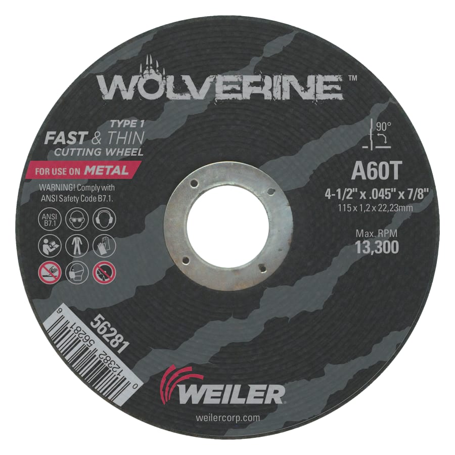 Weiler 56281 Wolverine® Angle Grinder Cut-Off Wheel, Type 1, AO, 4-1/2 in dia x 7/8 in AH x 0.045 in Thick, 60T, 1 EA/EA