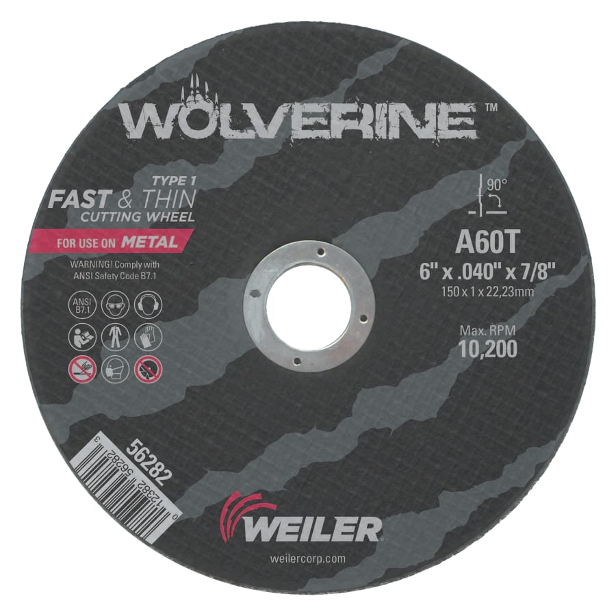 Weiler 56282 Wolverine® Angle Grinder Cut-Off Wheel, Type 1, AO, 6 in dia x 7/8 in Arbor x 0.040 in Thick, 60T, 1 EA/EA