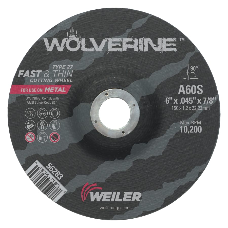 Weiler 56283 Wolverine® Cutting Wheel, WA60S, 6 in dia, 0.045 in Thick, 7/8 in AH, 60 Grit, Type 27