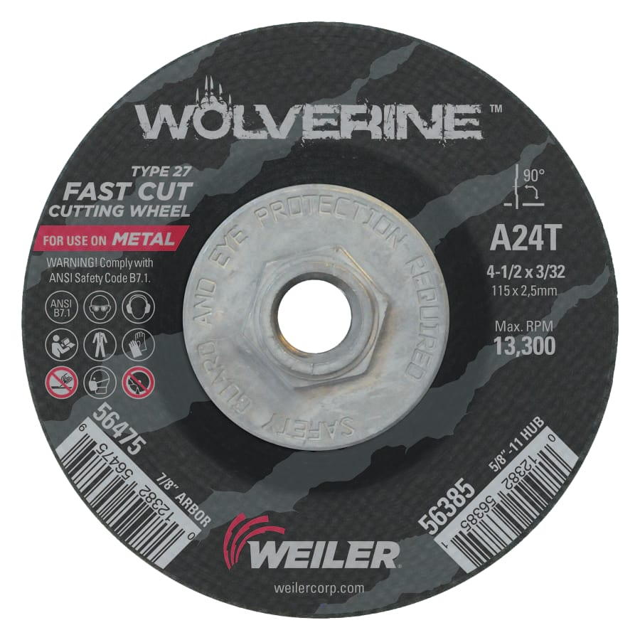 Weiler 56385 Wolverine® Cutting Wheel, A24T, 4-1/2 in dia, 3/32 in Thick, 5/8 in-11 UNC AH, 24 Grit, Type 27