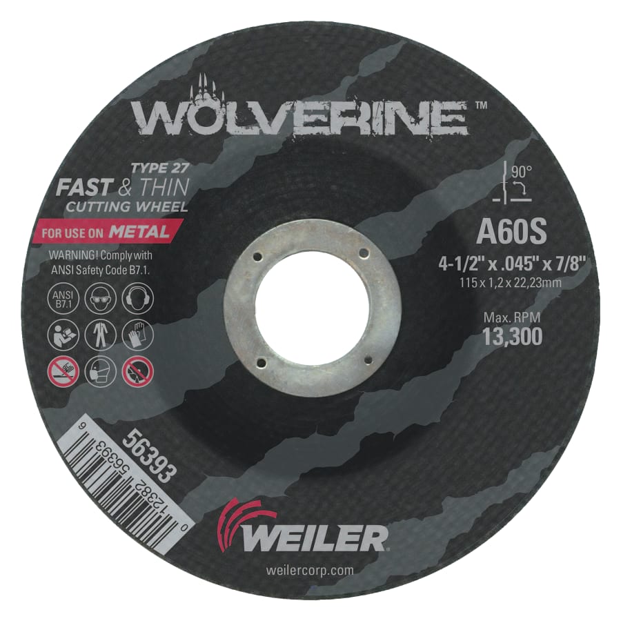 Weiler 56393 Wolverine® Cutting Wheel, WA60S, 4-1/2 in dia, 0.045 in Thick, 7/8 in AH, 60 Grit, Type 27