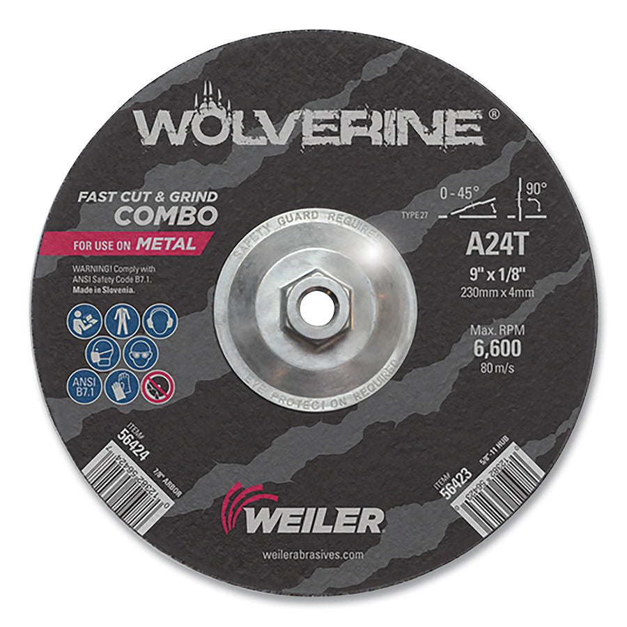 Wolverine Combo Wheels, 9 in Dia, 1/8 in Thick, 5/8 in Arbor, 24 Grit, T (Pack of 10 EA)