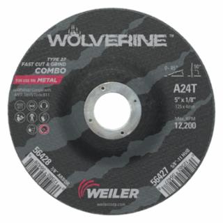 Weiler 56428 Wolverine® Combo Wheel, 5 in Dia, 1/8 in Thick, 7/8 in Arbor, 24 Grit, T (Pack of 25 EA)