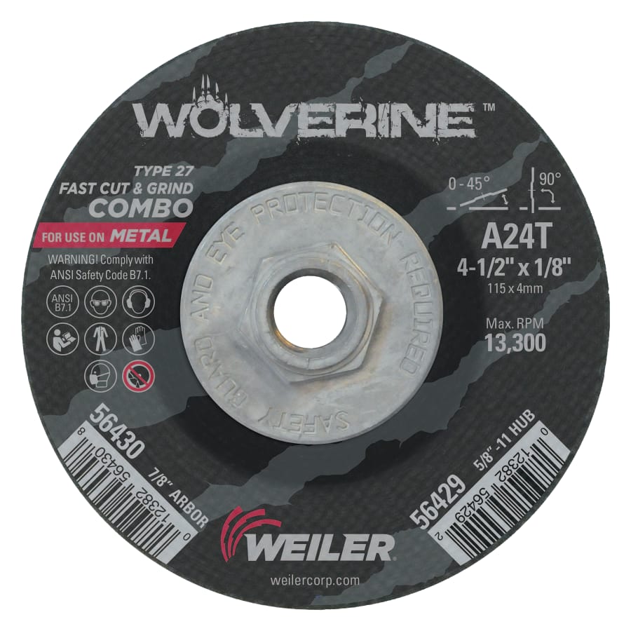 Weiler 56429 Wolverine™ Combo Wheel, 4-1/2 in dia, 1/8 Thick, 5/8 in - 11 UNC Arbor, 24 Grit (Pack of 10 EA)