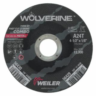 Weiler 56430 Wolverine® Combo Wheel, 4 1/2 in Dia, 1/8 in Thick, 7/8 in Arbor, 24 Grit, R (Pack of 25 EA)