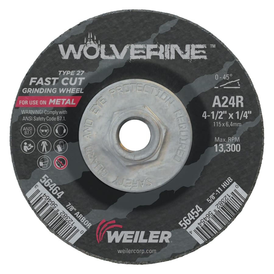 Weiler 56454 Wolverine® Grinding Wheel, 4-1/2 in dia x 5/8 in-11 UNC Arbor x 1/4 in Thick, AO, 24R