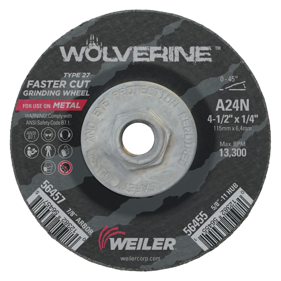 Weiler 56455 Wolverine® Grinding Wheel, 4-1/2 in dia x 5/8 in-11 UNC Arbor x 1/4 in Thick, AO, 24N (Pack of 10 EA)