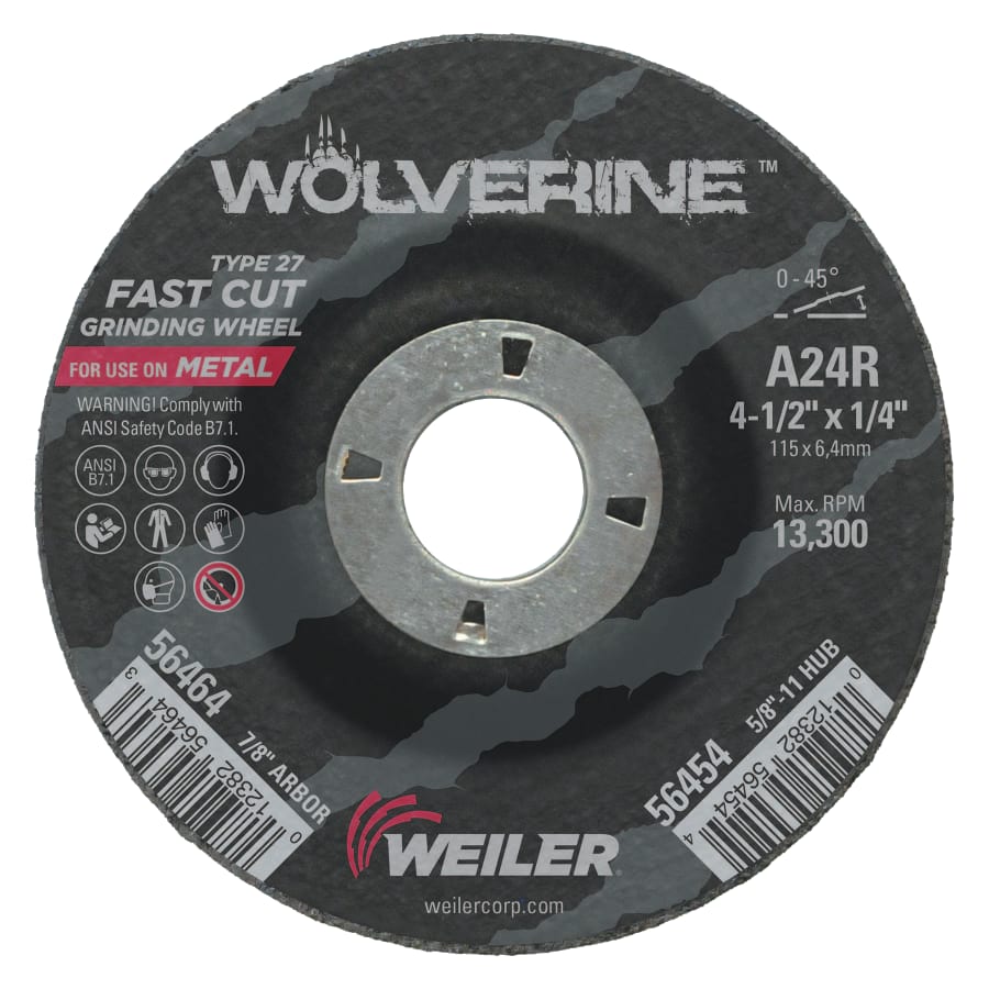 Weiler 56464 Wolverine® Grinding Wheel, 4-1/2 in dia x 7/8 in Arbor x 1/4 in Thick, AO, 24R