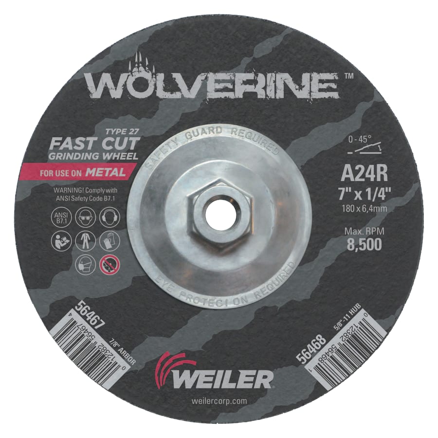 Weiler 56468 Wolverine® Grinding Wheel, 7 in dia x 5/8 in-11 UNC Arbor x 1/4 in Thick, AO, 24R