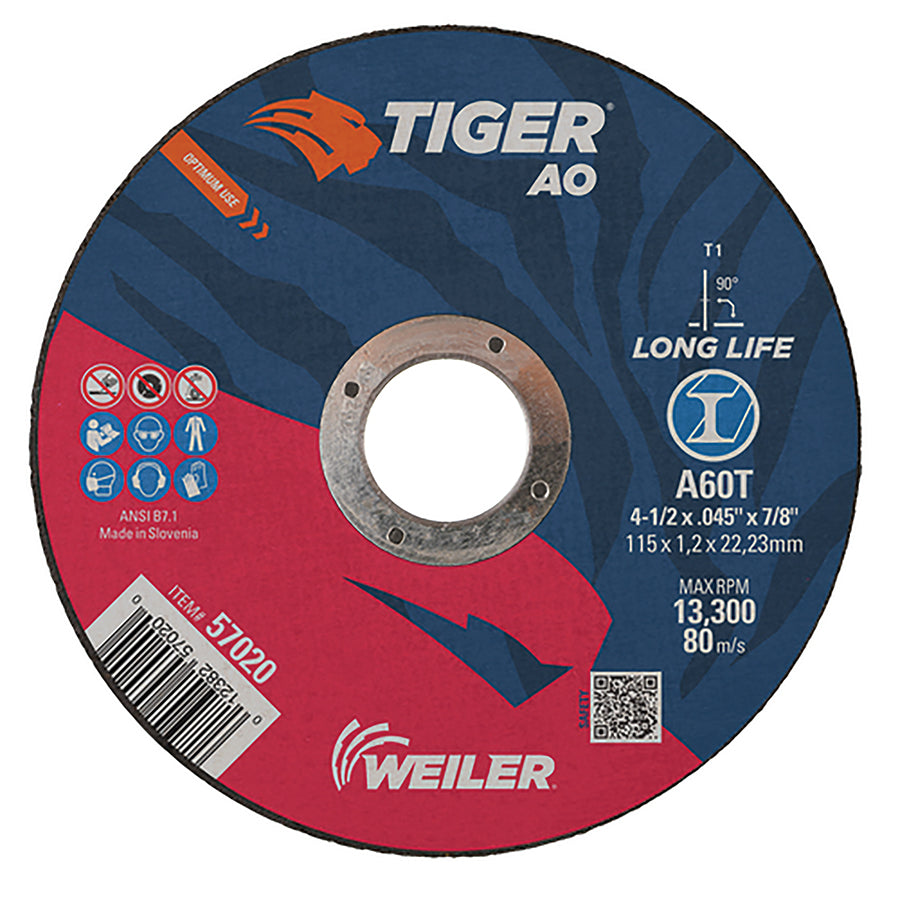 Weiler 57020 Tiger® AO Angle Grinder Cut-Off Wheel, 4-1/2 in dia x 0.045 in Thick, 7/8 in Arbor, A60T, Type 1 (Pack of 25 EA)