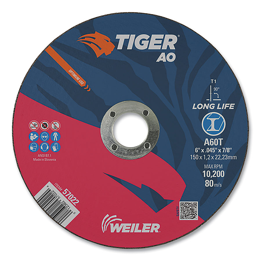 Weiler 57022 Tiger® AO Angle Grinder Cut-Off Wheel, 6 in dia x 0.045 in Thick, 7/8 in Arbor, A60T, Type 1