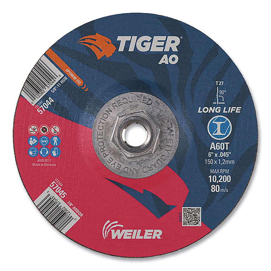 Tiger AO Angle Grinder Cut-Off Wheel, 6 in dia x 0.045 in Thick, 5/8 in-11 UNC Arbor, A60T, Type 27 (Pack of 10 EA)