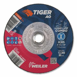Weiler 57100 Tiger® AO Type 27 Cut/Grind Combo Wheel, 4-1/2 in dia x 1/8 in Thick, 5/8 in-11 dia Arbor, A30S (Pack of 10 EA)