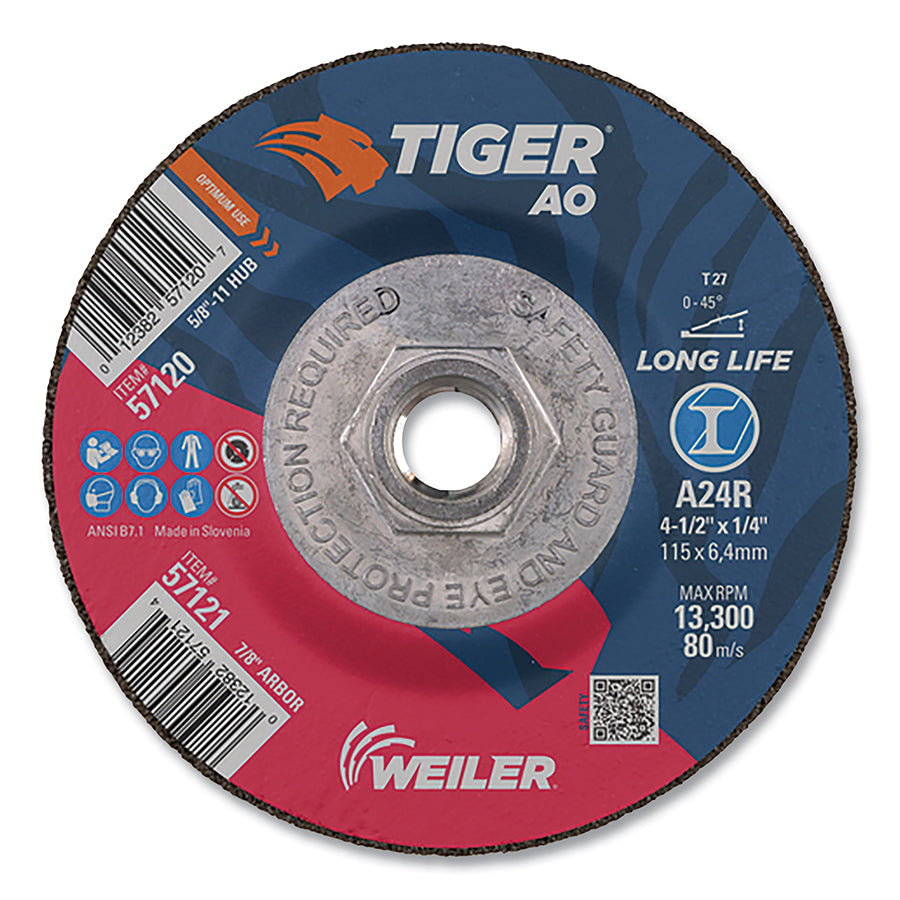 Weiler 57120 Tiger AO Grinding Wheel, 4-1/2 in x 1/4 in, 5/8-11 Arbor, A24R (Pack of 10 EA)