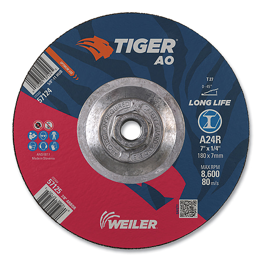 Weiler 57124 Tiger® AO Grinding Wheel, 7 in dia x 1/4 in Thick, 5/8 in-11 UNC Arbor, A24R, Type 27