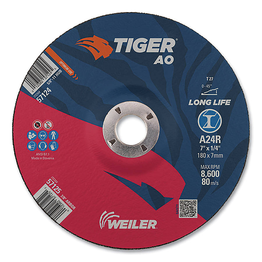 Tiger AO Grinding Wheel, 7 in dia x 1/4 in Thick, 7/8 in Arbor, A24R, Type 27 (Pack of 10 EA)