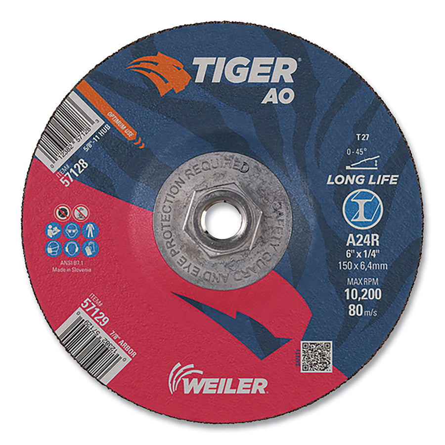 Tiger® AO Grinding Wheel, 6 in dia x 1/4 in Thick, 5/8 in-11 UNC Arbor, A24R, Type 27 (Pack of 10 EA)