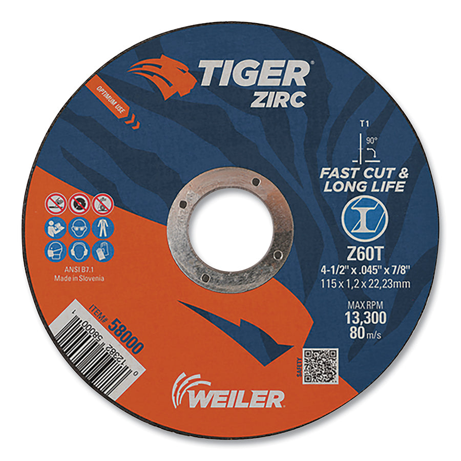 Weiler 58000 Tiger Zirc Cutting Wheel, 4-1/2 in x 0.045 in, 7/8 in Arbor, Zirconia Alumina (Pack of 25 EA)