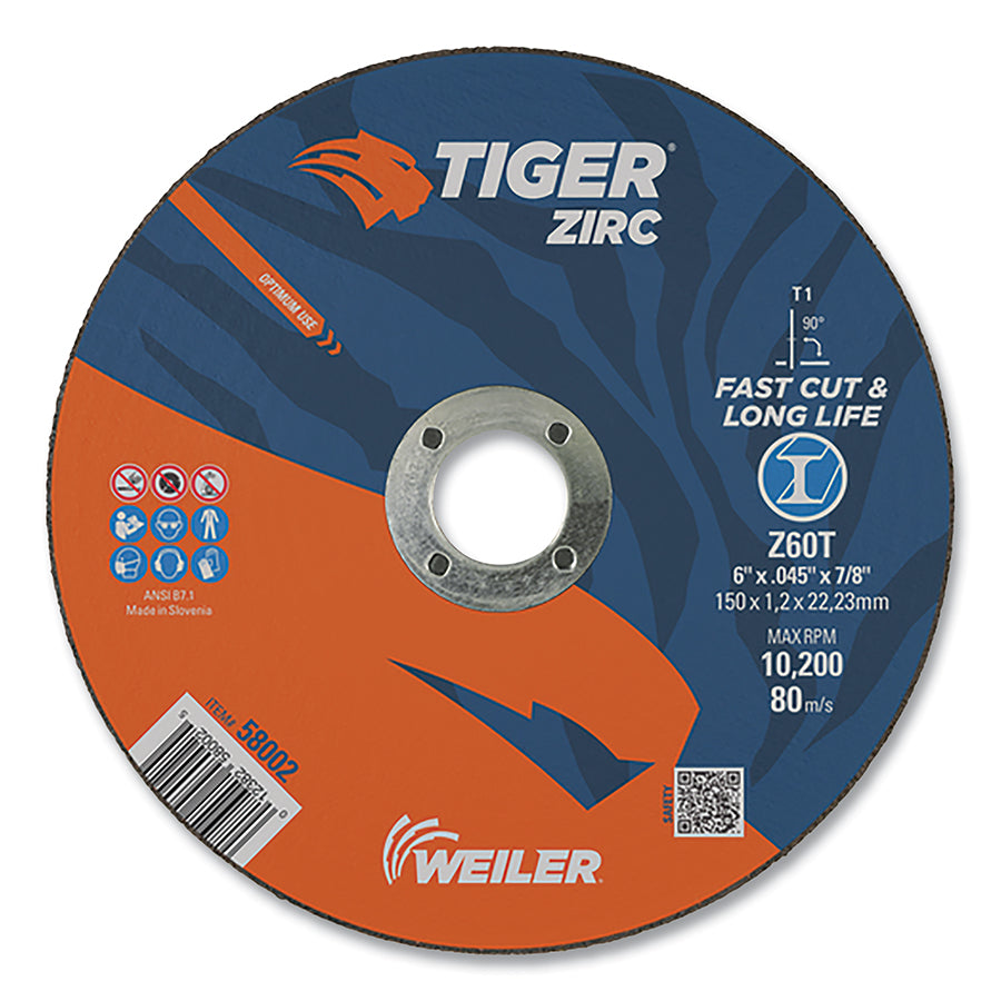 Weiler 58002 Tiger® Zirc Cutting Wheel, 6 in dia, 0.045 in Thick, 7/8 in Arbor, Zirconia Alumina, Type 1, Z60T