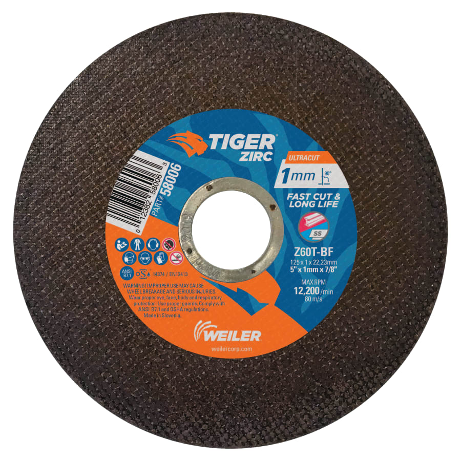 Weiler 58006 Tiger® Zirc Cutting Wheel, 5 in dia, 1 mm Thick, 7/8 in Arbor, 60 Grit