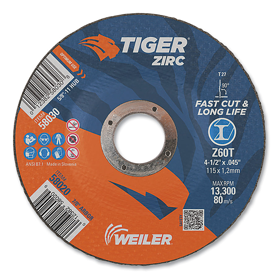 Weiler 58020 Tiger Zirc Cutting Wheel, 4-1/2 in x 0.045 in, 7/8 in Arbor, Type 27 (Pack of 25 EA)