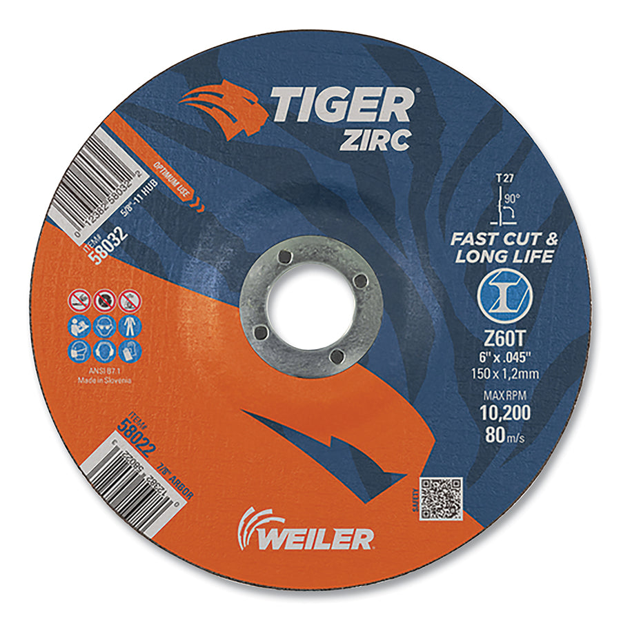 Weiler 58022 Tiger® Zirc Cutting Wheel, 6 in dia, 0.045 in Thick, 7/8 in Arbor, Zirconia Alumina, Type 27, Z60T