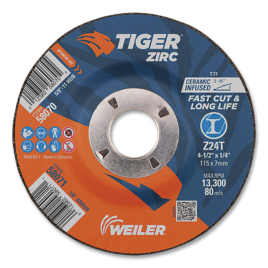 Weiler 58071 Tiger® Grinding Wheel, 4-1/2 in dia x 1/4 in Thick x 7/8 in Arbor, 24 Grit, Zirconia Alumina/Ceramic (Pack of 10 EA)