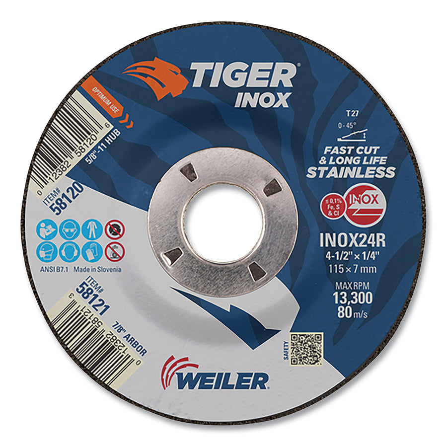 Tiger® Inox Grinding Wheel, 4-1/2 in Dia, 1/4 in Thick, 7/8 in Arbor (Pack of 10 EA)