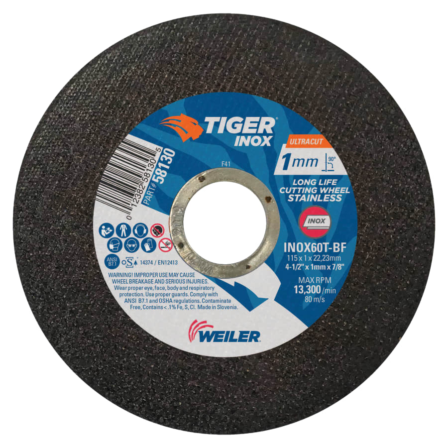 Weiler 58130 Tiger® INOX Ultracut Thin Cutting Wheel, 4-1/2 in dia, 1 mm Thick, 7/8 in Arbor, 60 Grit (Pack of 50)