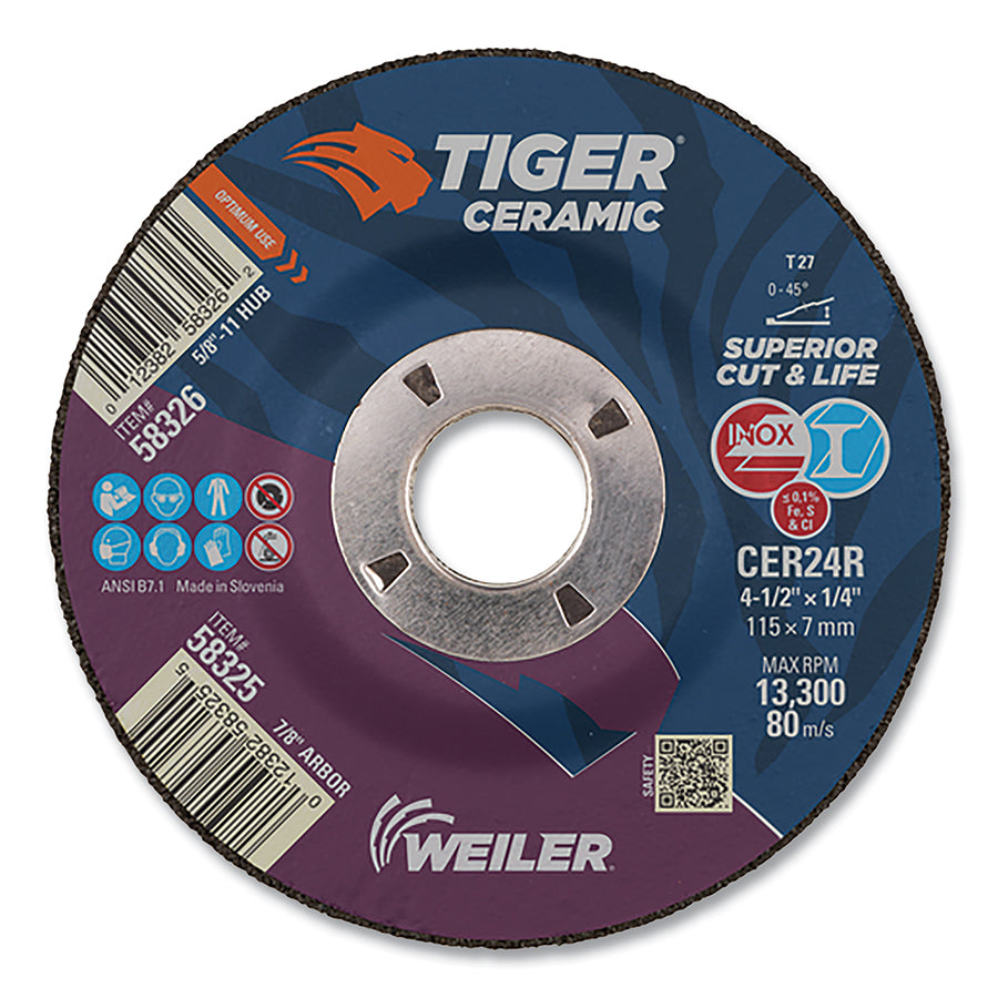 Weiler 58325 Tiger® Grinding Wheel, 4-1/2 in dia x 1/4 in Thick x 7/8 in Arbor, 24 Grit, Ceramic Alumina (Pack of 10 EA)