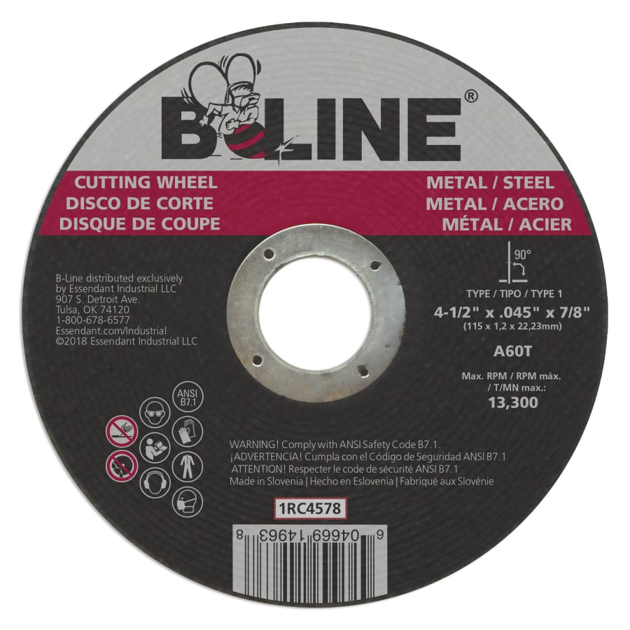B-Line Abrasives 1RC4578 Angle Grinder Cutting Wheel, 4-1/2 in dia, 0.045 in Thick, 7/8 in Arbor, 60 Grit, Aluminum O...