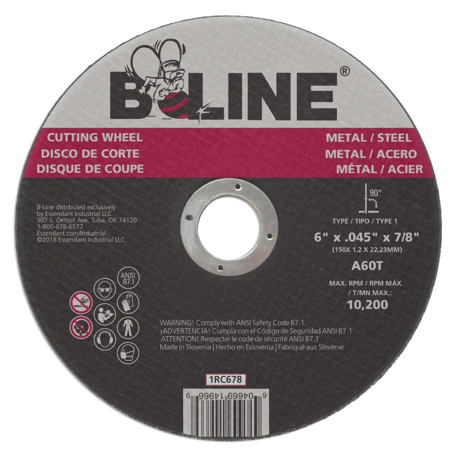 B-Line Abrasives 1RC678 Angle Grinder Cutting Wheel, 6 in dia, 0.045 in Thick, 7/8 in Arbor, 60 Grit, Aluminum Oxide