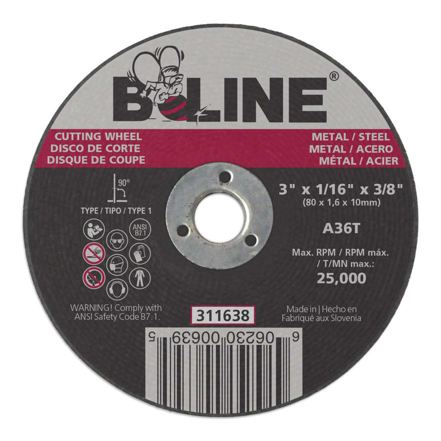 B-Line Abrasives 311638 Die Grinder Cut-Off Wheel, 3 in dia, 1/16 in Thick, 3/8 in Arbor, 36 Grit, Aluminum Oxide