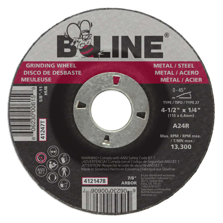 B-Line Abrasives 4121478 Depressed Center Grinding Wheel, 4-1/2 in dia, 1/4 in Thick, 7/8 in Arbor, 24 Grit