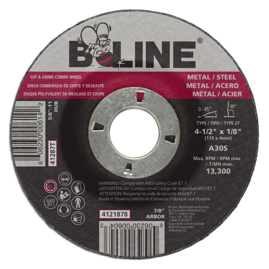 B-Line Abrasives 4121878 Depressed Center Combo Wheel, 4-1/2 in dia, 1/8 in Thick, 7/8 in Arbor, 30 Grit, Aluminum Oxide