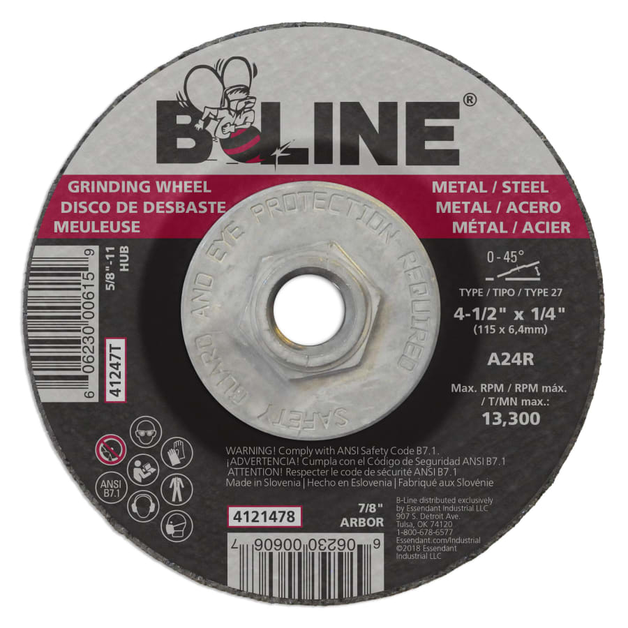 B-Line Abrasives 41247T Depressed Center Grinding Wheel, 4-1/2 in dia, 5/8 in-11 Arbor, 1/4 in Thick, 24 Grit, Alumin...