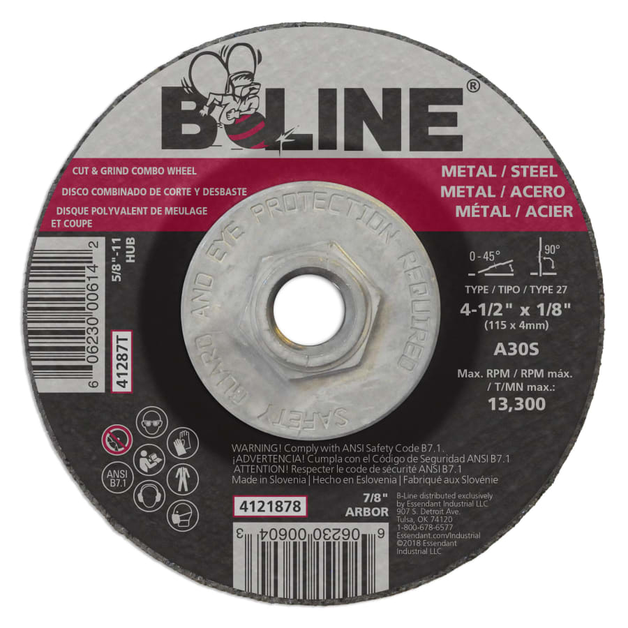 B-Line Abrasives 41287T Depressed Center Combo Wheel, 4-1/2 in dia, 1/8 in Thick, 5/8 in-11 Arbor, 30 Grit, Aluminum ...
