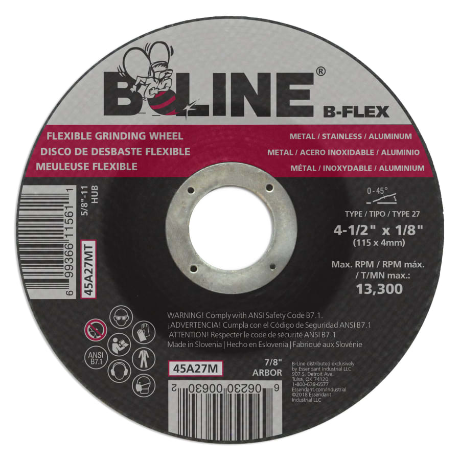 B-Line Abrasives 45A27M Flexible Depressed Center Wheel, 4-1/2 in dia, 7/8 in Arbor, 1/8 in Thick, 30 Grit, Aluminum ...