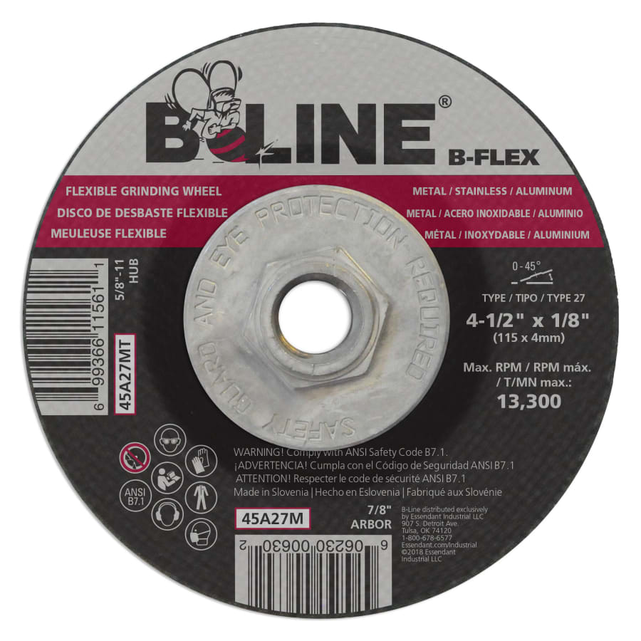 B-Line Abrasives 45A27MT Flexible Depressed Center Wheel, 4-1/2 in dia, 1/8 in Thick, 5/8 in-11 Arbor, 46 Grit, Alumi...