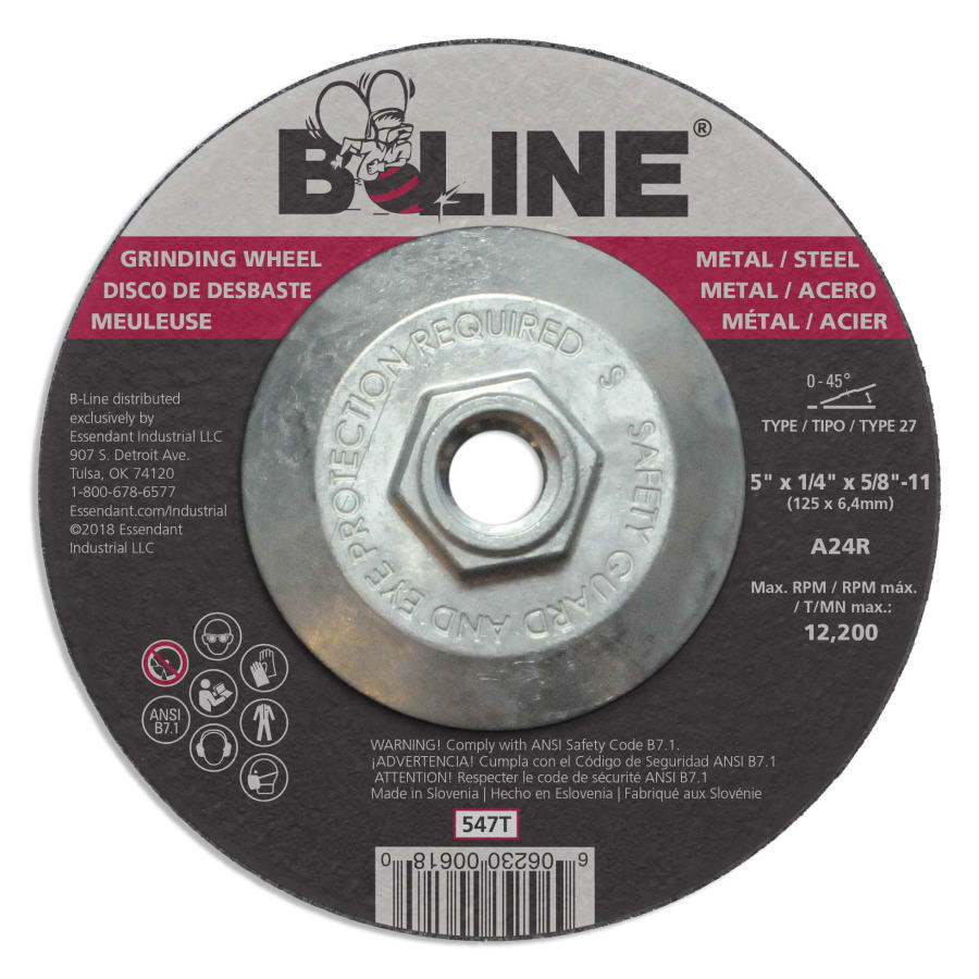 B-Line Abrasives 547T Depressed Center Grinding Wheel, 5 in dia, 1/4 in Thick, 5/8 in to 11 in Arbor, 24 Grit, Alumin...
