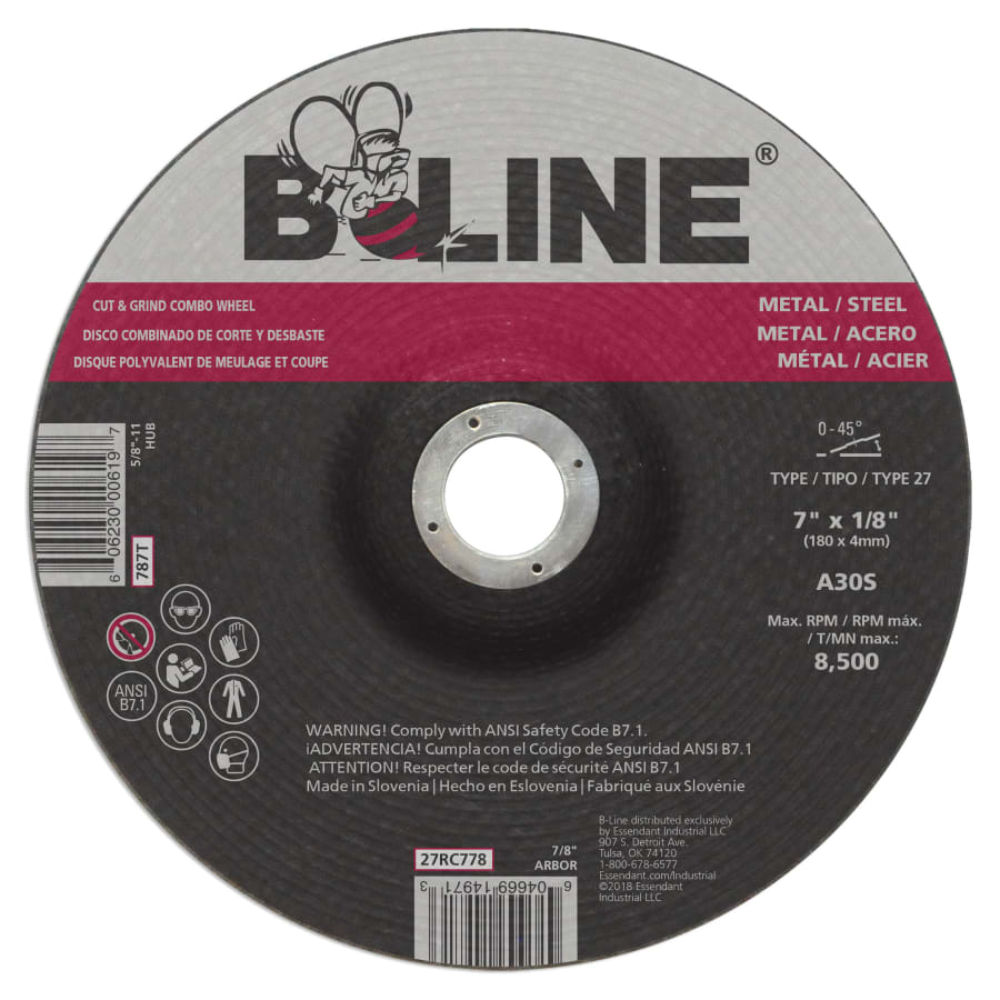B-Line Abrasives 787T Depressed Center Combo Wheel, 7 in dia, 1/8 in Thick, 5/8 in-11 Arbor, 30 Grit, Aluminum Oxide