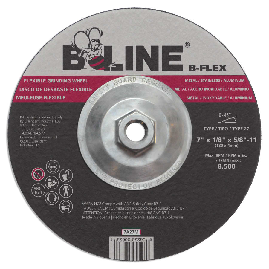 B-Line Abrasives 7A27M Flexible Depressed Center Wheel, 7 in dia, 1/8 in Thick, 5/8 in-11 Arbor, 46 Grit, Aluminum Oxide